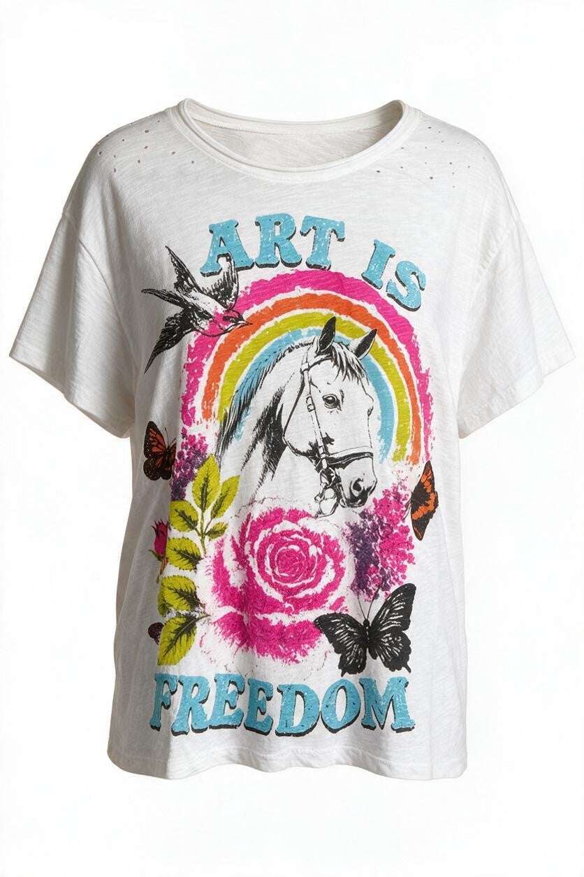 Trestles Clothing Company white cotton graphic tee with horse, rainbow, and floral print and light distressing